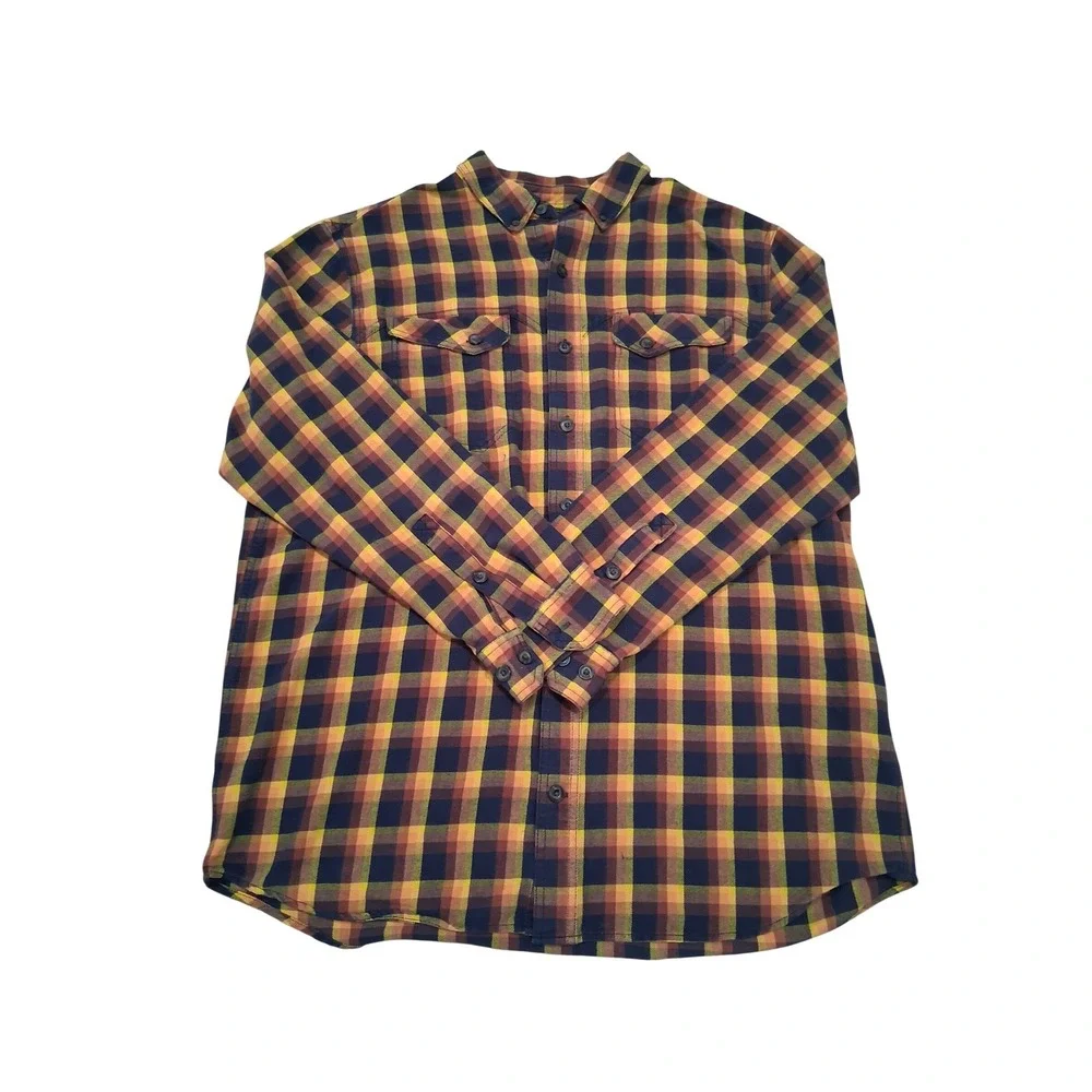 Duluth Trading Co Mens XL Tall Plaid Flannel‎ Shirt Orange Blue Button Down